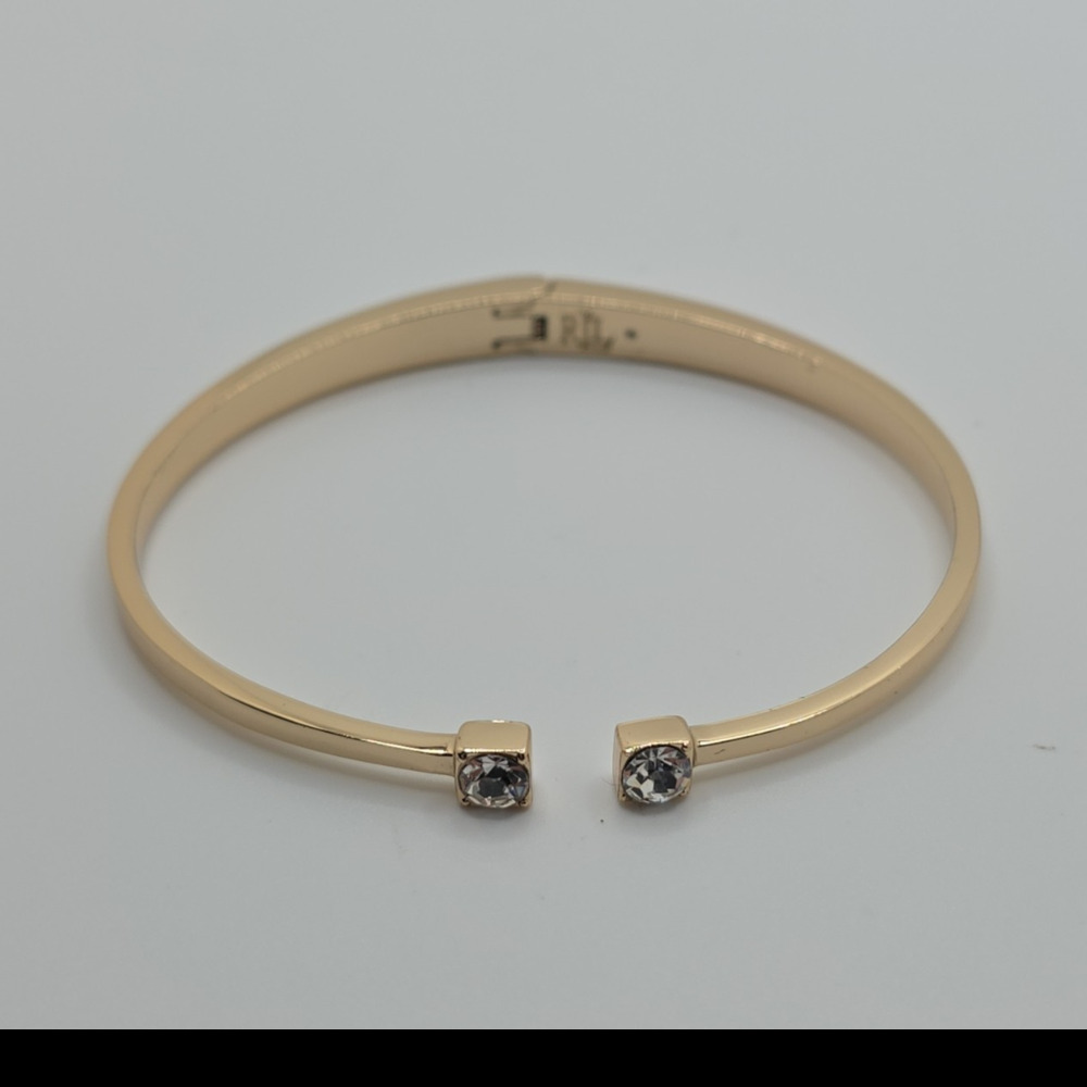 Ralph Lauren Gold Tone Bangle Bracelet Round Crystal Bezel Set Open Cuff